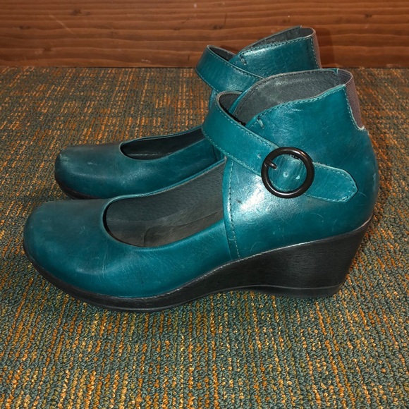 Dansko Shoes - Dansko Women's Rebel Burnished Naapa Mary Jane Wedge Shoes/Size: 38/Color: Teal